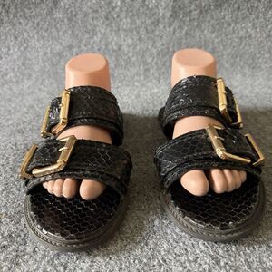 Schutz Shina Double Buckle Slide Flat Sandals 10B Black Snake-embossed Leather